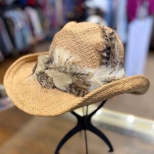 Shady Brady 80s Straw Cowboy Hat Tan Raffia Feather Band Festival Western Small